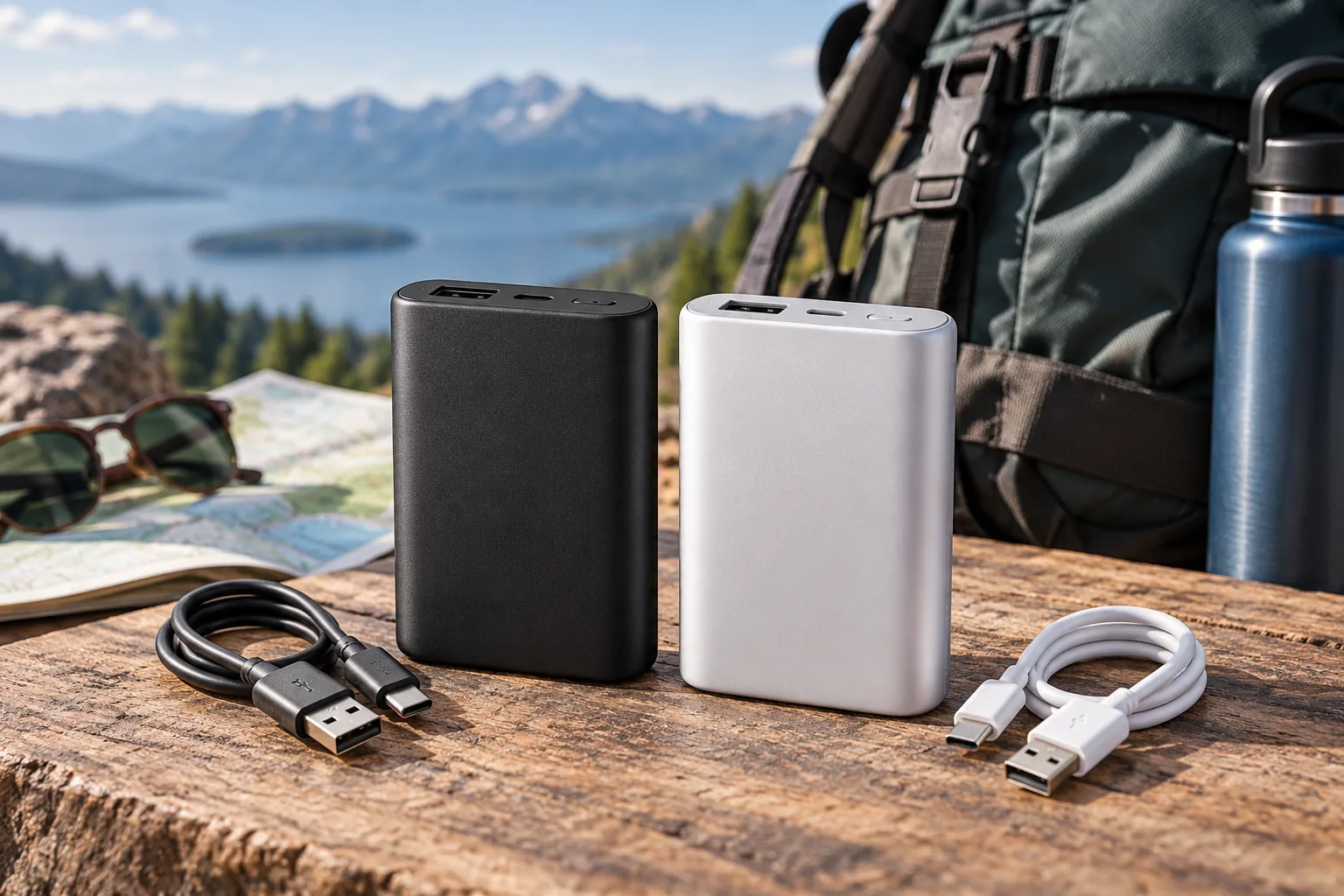 Two plain black and silver portable power banks with charging cables on an outdoor travel table.