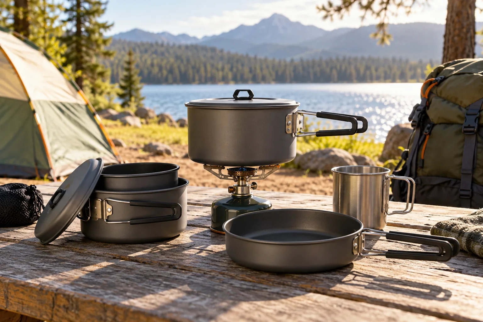 A generic camping cookware set arranged on a campsite table with a small pot, pan and cup.