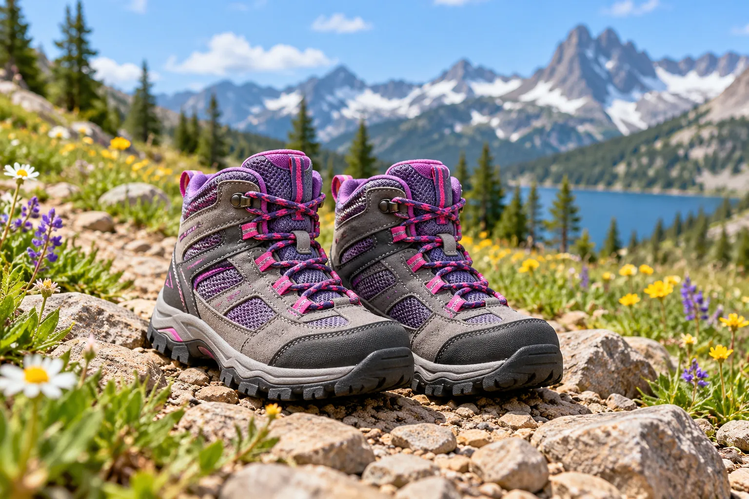 A pair of small gray hiking boots with purple and coral laces on a flowered rocky trail.