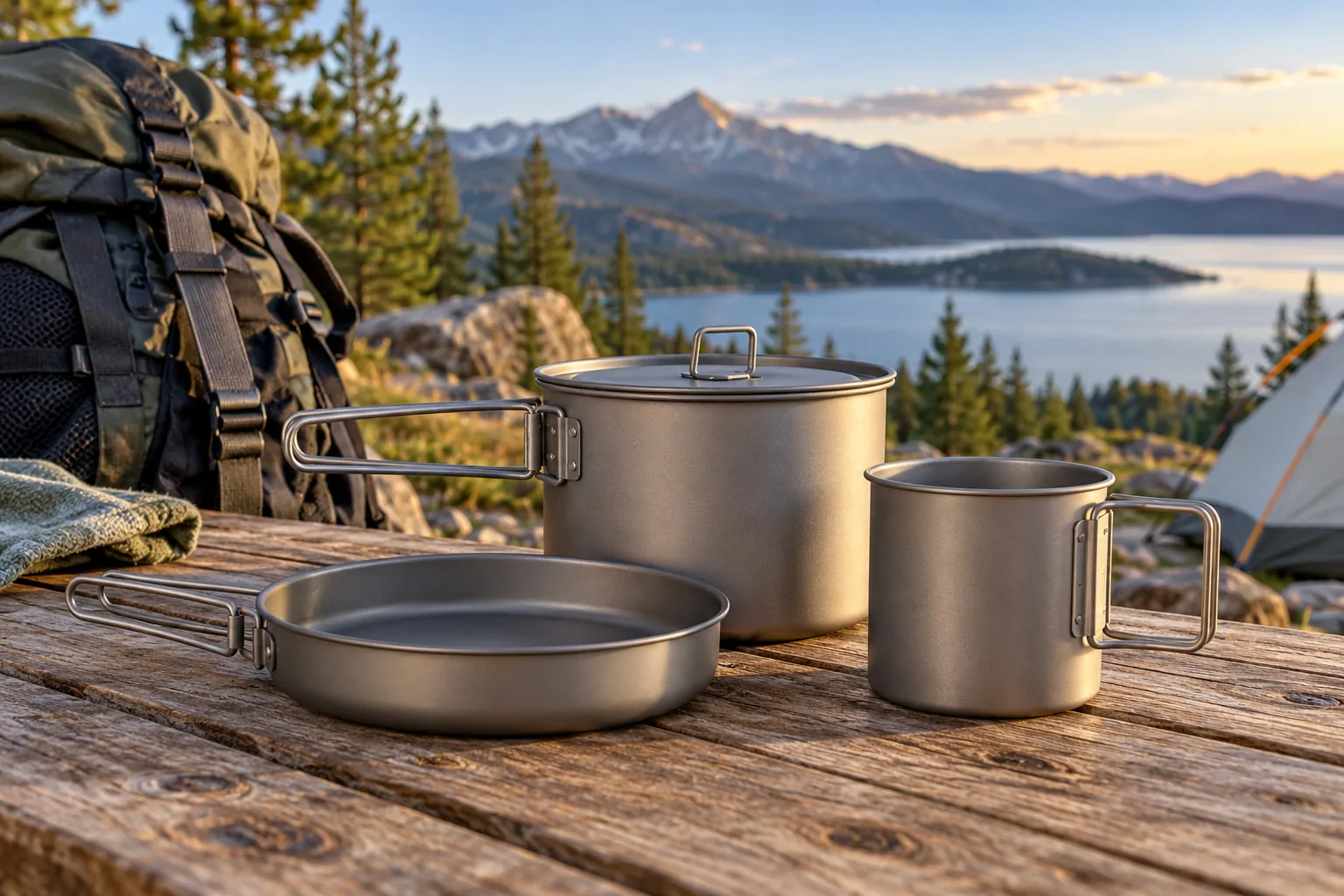 Lightweight titanium camping pot, cup and pan with foldable handles beside a backpack on a camp table.